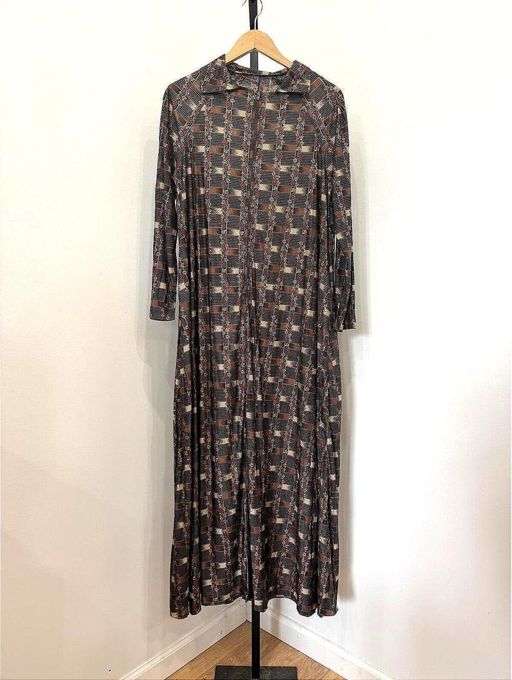1970s Long Sleeve Patterned Maxi Dress with Collar House Coat